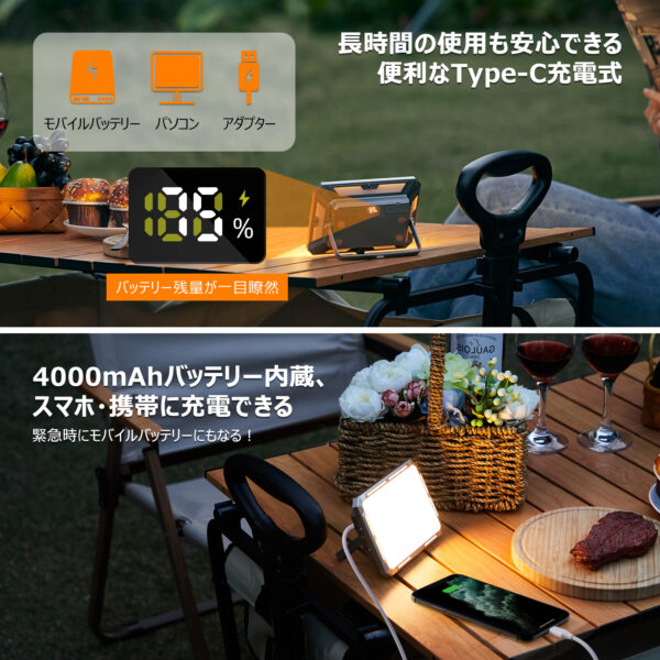 Litake led 作業灯 充電式 高輝度 明るさ無段階調整 3色切替 スマホ充電対応 SOS LEDランタン 投光器 マグネット付き 折り畳み式 - 画像 (7)