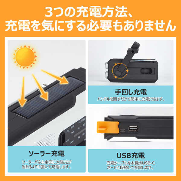 Litake 防災ラジオ 多機能 手回し ソーラー スマホ充電 多機能 手回し充電 AM/FM モバイルバッテリー SOS LEDライト USB充電 キャンプ 防災用品 - 画像 (3)