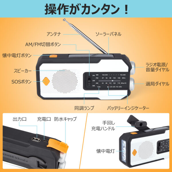 Litake 防災ラジオ 多機能 手回し ソーラー スマホ充電 多機能 手回し充電 AM/FM モバイルバッテリー SOS LEDライト USB充電 キャンプ 防災用品 - 画像 (9)