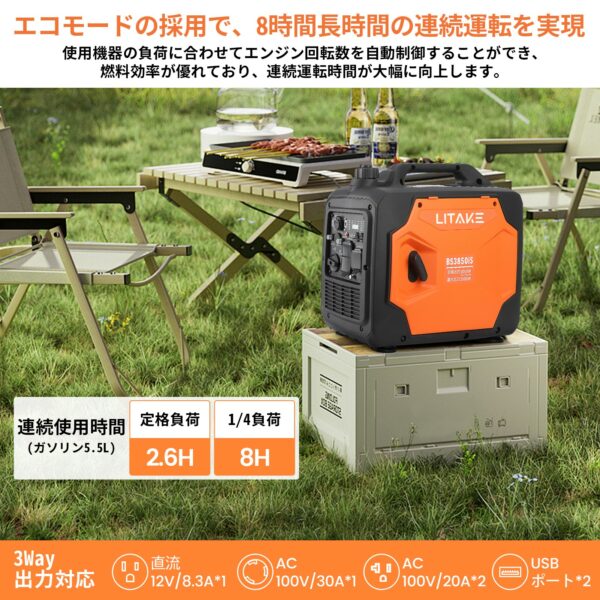 Litake  発電機 インバーター 発電機 最大出力3500W ガソリン発電機 家庭用発電機 非常用電源 ポータブル発電機 - 画像 (3)