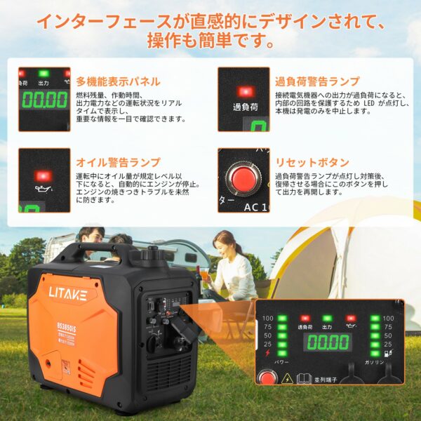 Litake  発電機 インバーター 発電機 最大出力3500W ガソリン発電機 家庭用発電機 非常用電源 ポータブル発電機 - 画像 (5)