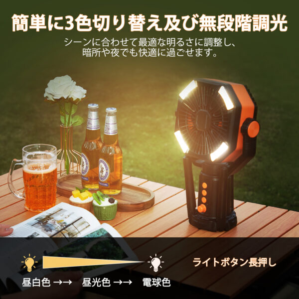 Litake  扇風機 アウトドア ファン 調色 無段階調光 自動首振り LEDライト付き 8段階風量 タイマー機能 大容量20000mAh 充電式 三脚スタンド - 画像 (4)