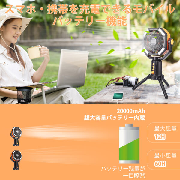 Litake  扇風機 アウトドア ファン 調色 無段階調光 自動首振り LEDライト付き 8段階風量 タイマー機能 大容量20000mAh 充電式 三脚スタンド - 画像 (7)