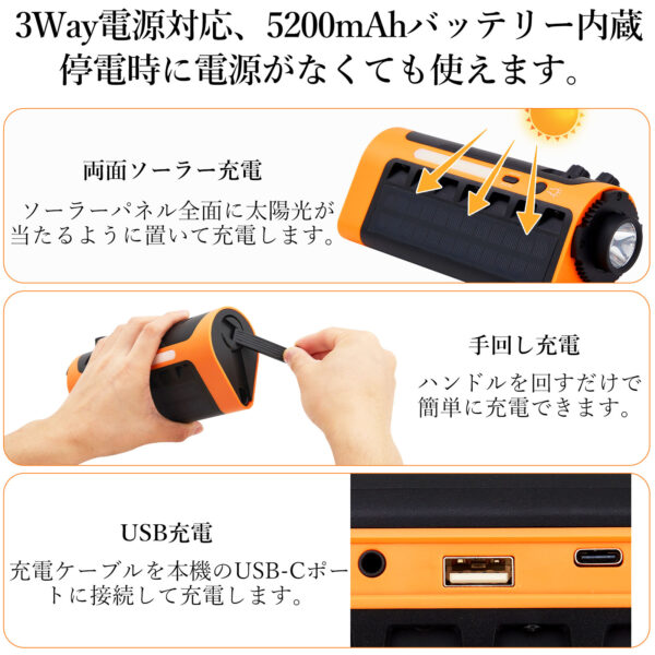Litake 多機能防災ラジオ 大容量 5200mAh LEDライト 懐中電灯 手回し充電 USB充電 AM/FM スマホ充電 SOS コンパス付 防水 非常用 防災グッズ - 画像 (4)