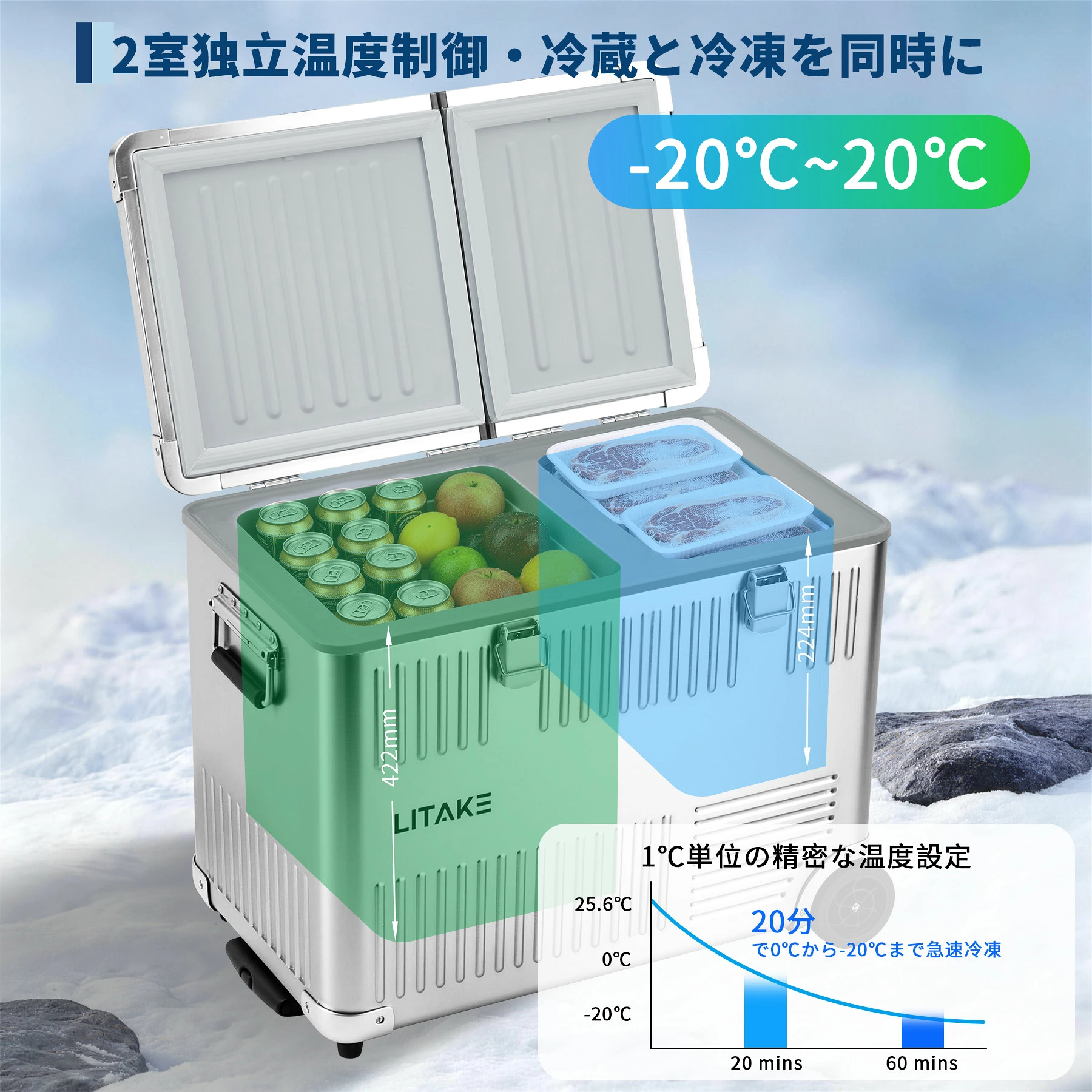 アルミ製 車載冷蔵庫 40L/50L -20℃~20℃ コンプレッサー式 2室独立温度制御 ポータブル冷凍冷蔵庫 バッテリー内蔵可能 4WAY 電源対応 伸縮ハンドル付き 車中泊 キャンプ 釣り アウトドア - 画像 (2)